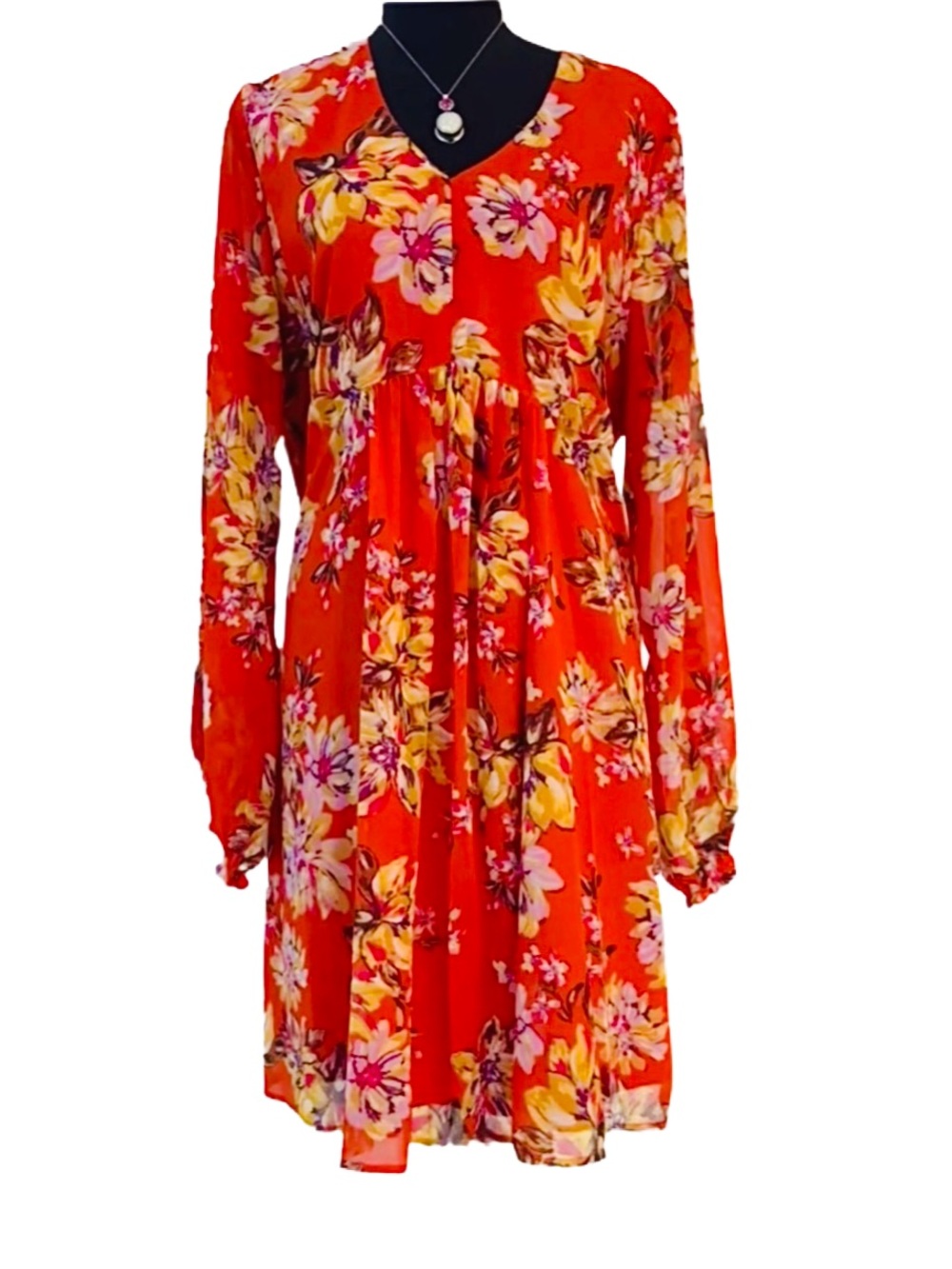 TIME and TRU ~ Red/Gold/Yellow Loose Fit Dress w/ Sheer Sleeves size L